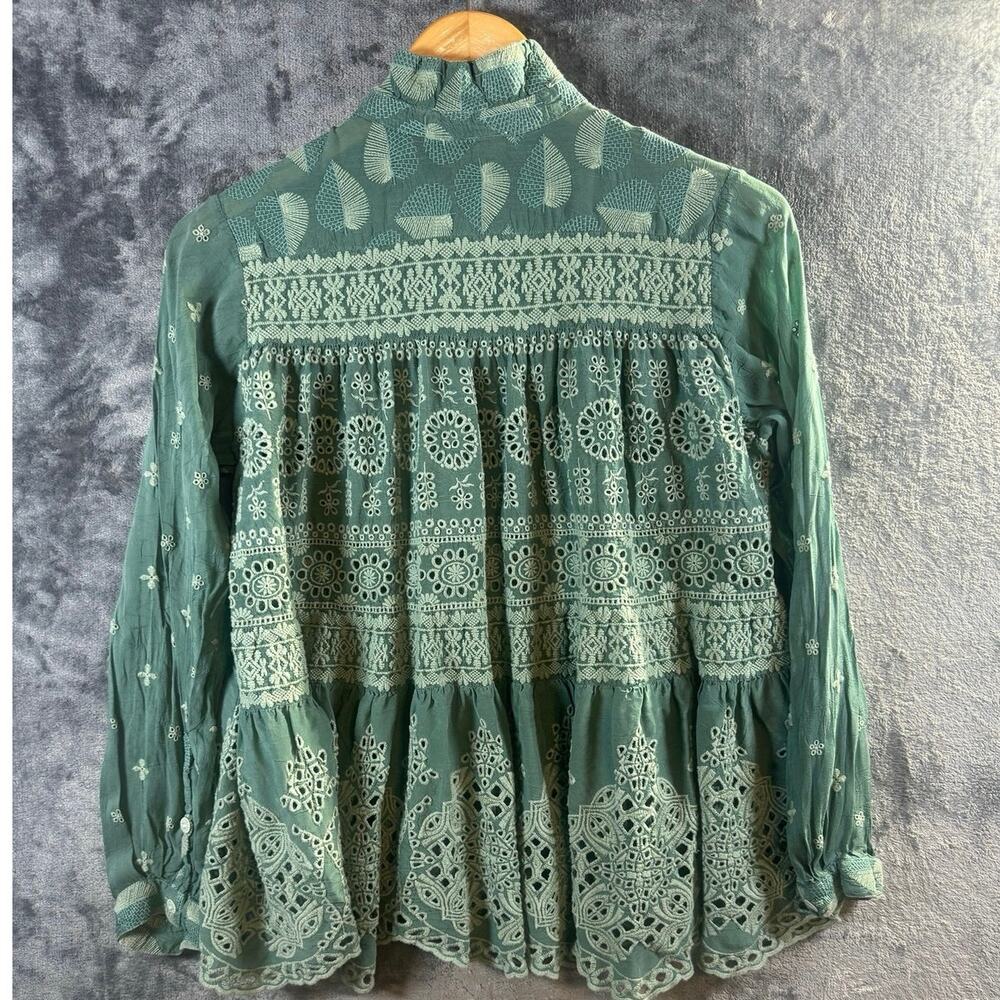 Johnny Was Pine Desi Blouse Green Embroidered Eyelet Boho Shirt Size S Small - Picture 2 of 7